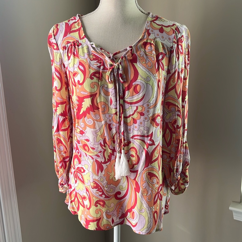 NWT I.N Studio Floral Paisley V Neck Blouse w Tassles Long Sleeves Size MP